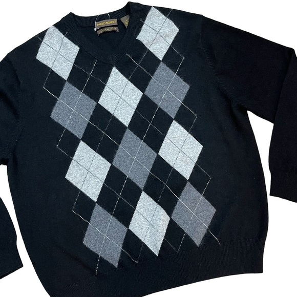 Men’s Paolo Mondo Cashmere Sweater Black Argyle Crew Neck Long Sleeve Pullover - Picture 11 of 11